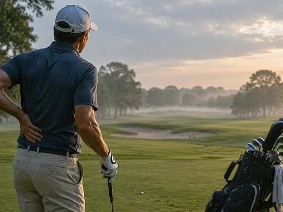 A golfer standing on a quiet golf course holding his lower back with one hand while looking toward the fairway,