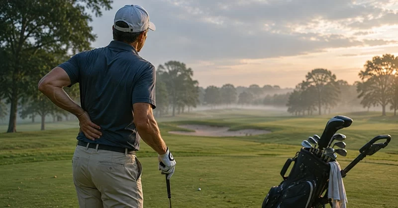 A golfer standing on a quiet golf course holding his lower back with one hand while looking toward the fairway,